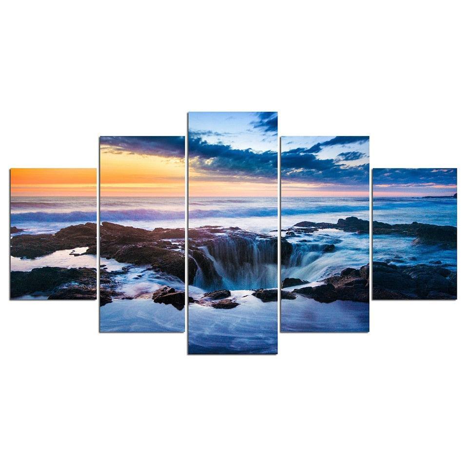 Waterfall Sunrise Scenery 5 Piece HD Multi Panel Canvas Wall Art Frame-Original Frame