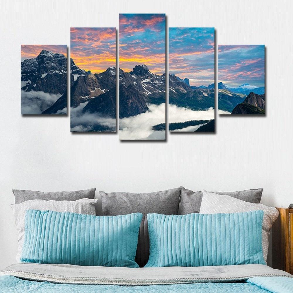 Fog Mountains Scenery 5 Piece HD Multi Panel Canvas Wall Art Frame-Original Frame