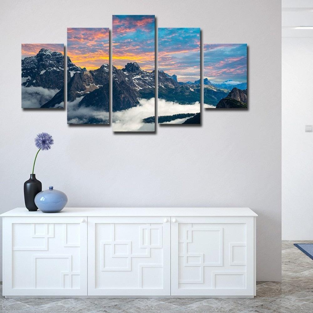 Fog Mountains Scenery 5 Piece HD Multi Panel Canvas Wall Art Frame-Original Frame