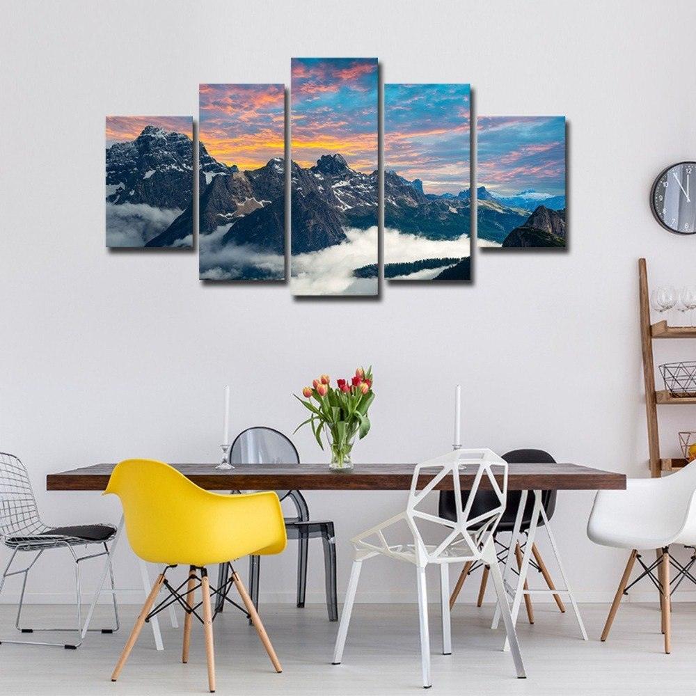 Fog Mountains Scenery 5 Piece HD Multi Panel Canvas Wall Art Frame-Original Frame