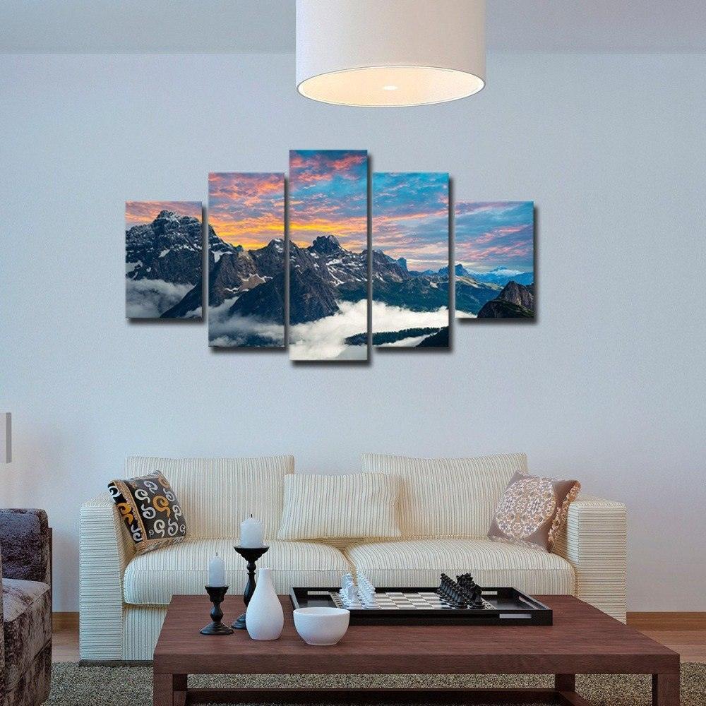 Fog Mountains Scenery 5 Piece HD Multi Panel Canvas Wall Art Frame-Original Frame