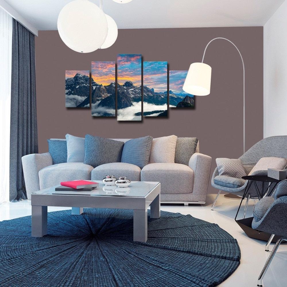 Fog Mountains Scenery 5 Piece HD Multi Panel Canvas Wall Art Frame-Original Frame