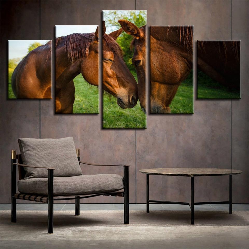 Horse Couple 5 Piece HD Multi Panel Canvas Wall Art Frame-Original Frame