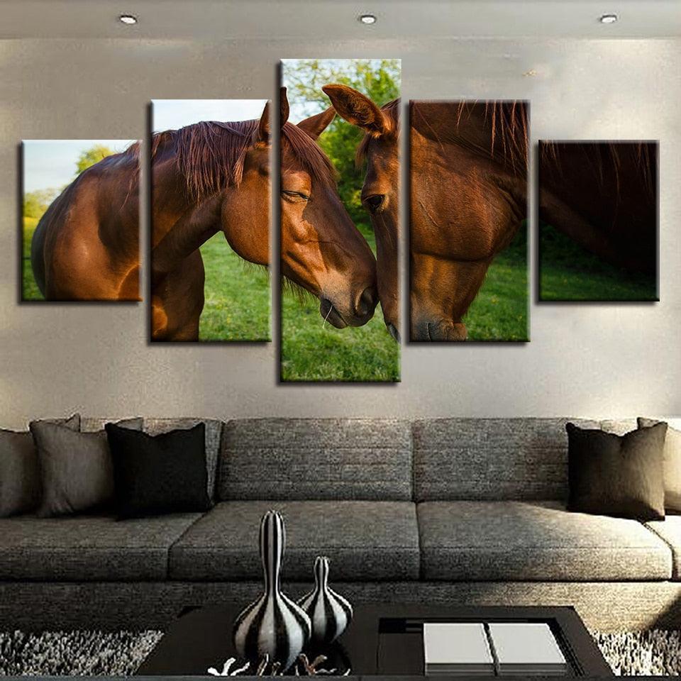 Horse Couple 5 Piece HD Multi Panel Canvas Wall Art Frame-Original Frame