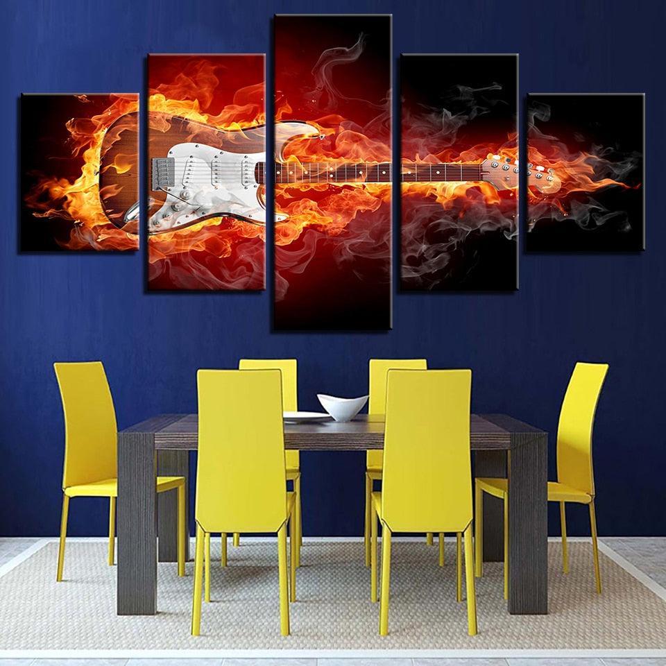 Burning Guitar 5 Piece HD Multi Panel Canvas Wall Art Frame-Original Frame