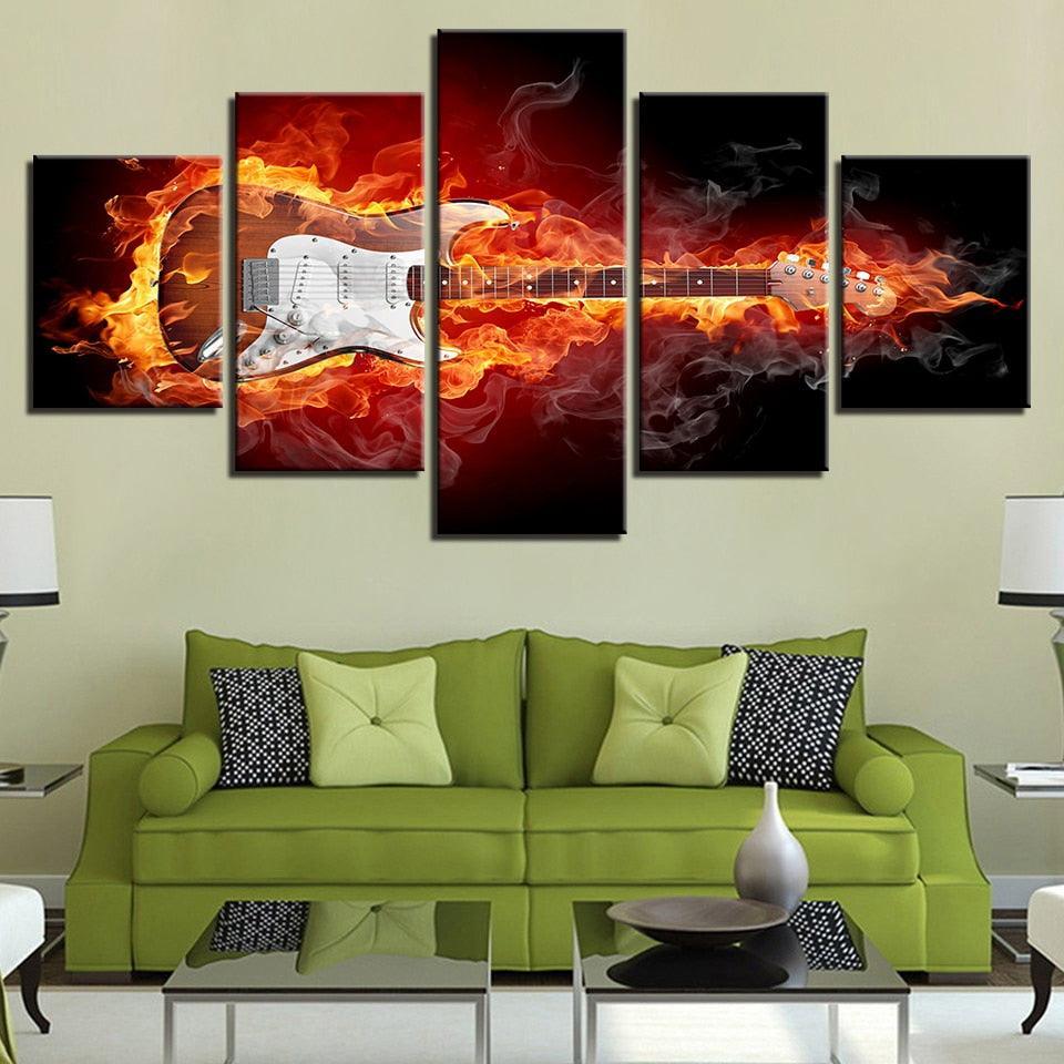Burning Guitar 5 Piece HD Multi Panel Canvas Wall Art Frame-Original Frame
