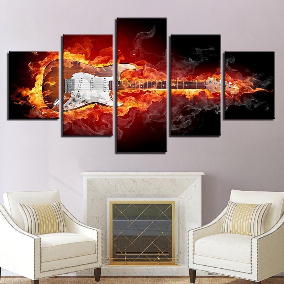 Burning Guitar 5 Piece HD Multi Panel Canvas Wall Art Frame-Original Frame