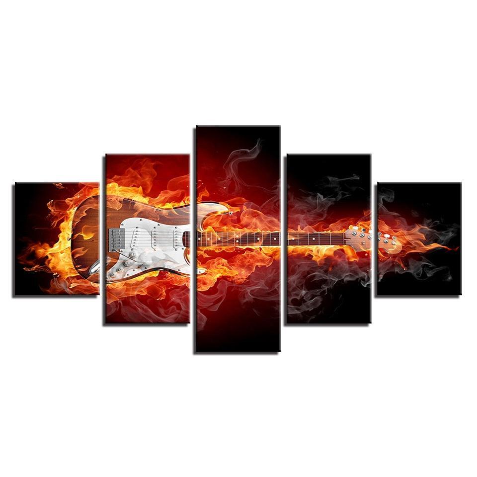 Burning Guitar 5 Piece HD Multi Panel Canvas Wall Art Frame-Original Frame
