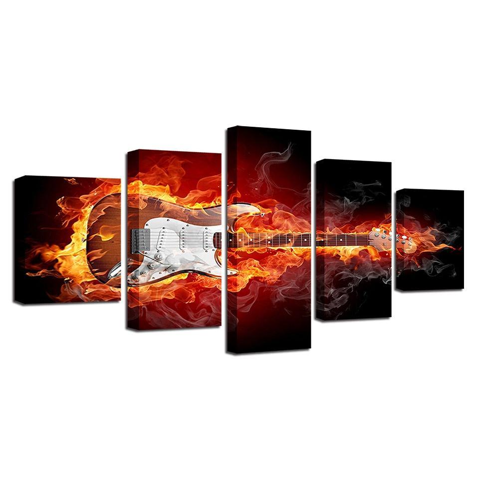 Burning Guitar 5 Piece HD Multi Panel Canvas Wall Art Frame-Original Frame