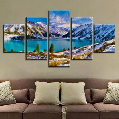 Mountain & Lake 5 Piece HD Multi Panel Canvas Wall Art Frame-Original Frame