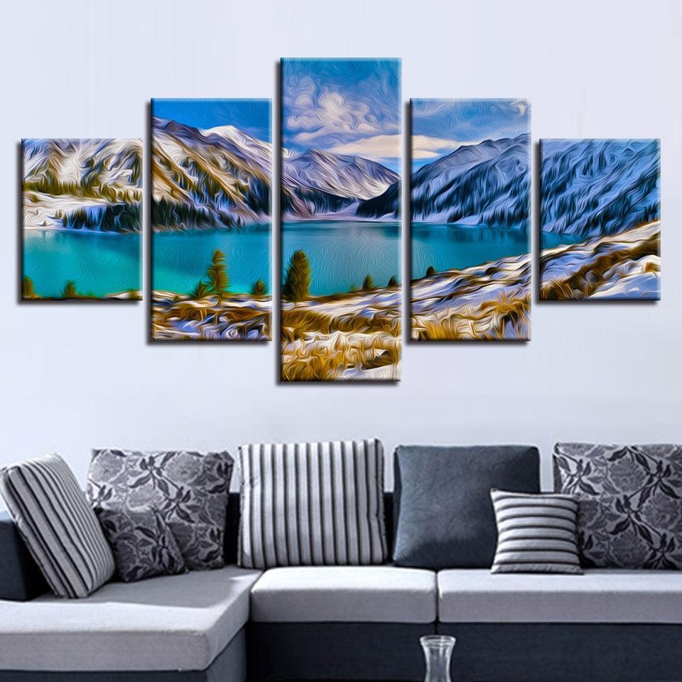 Mountain & Lake 5 Piece HD Multi Panel Canvas Wall Art Frame-Original Frame
