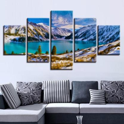 Mountain & Lake 5 Piece HD Multi Panel Canvas Wall Art Frame-Original Frame