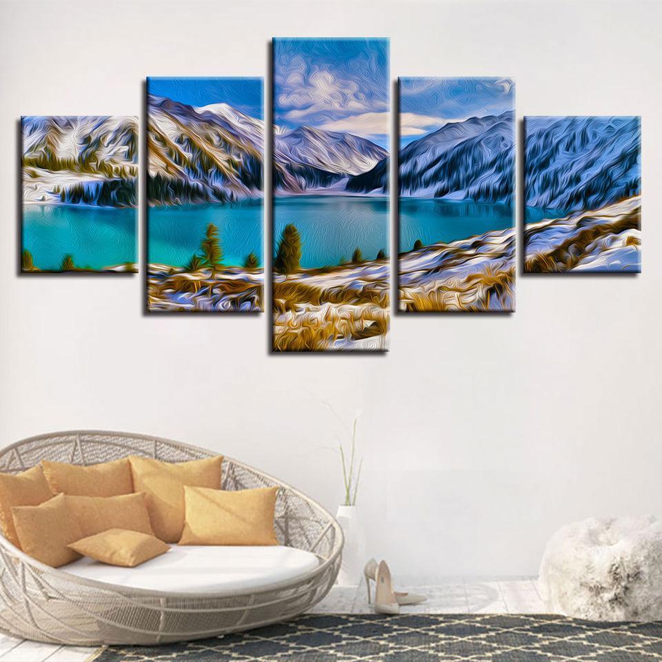 Mountain & Lake 5 Piece HD Multi Panel Canvas Wall Art Frame-Original Frame