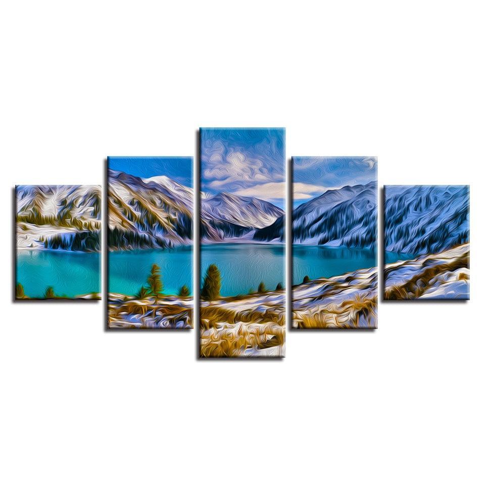Mountain & Lake 5 Piece HD Multi Panel Canvas Wall Art Frame-Original Frame