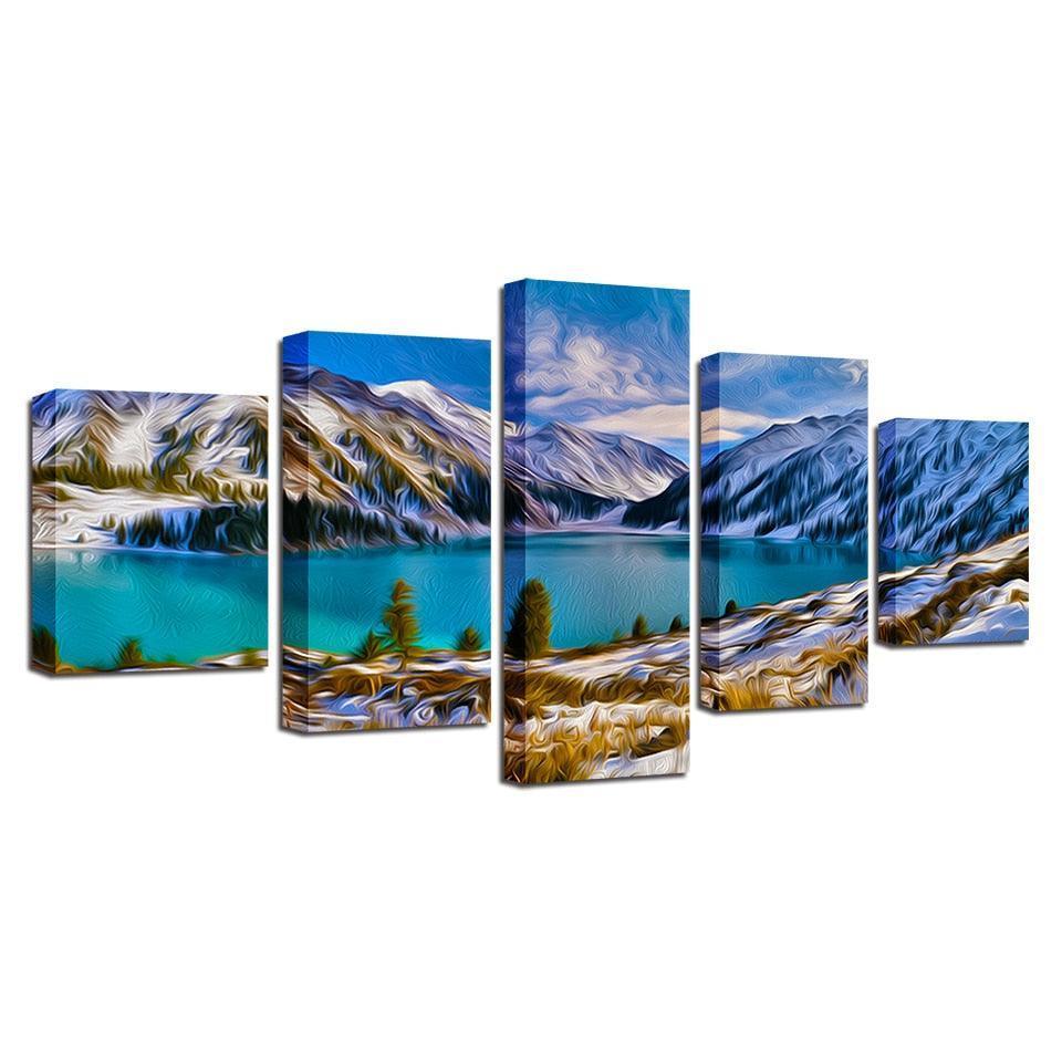Mountain & Lake 5 Piece HD Multi Panel Canvas Wall Art Frame-Original Frame