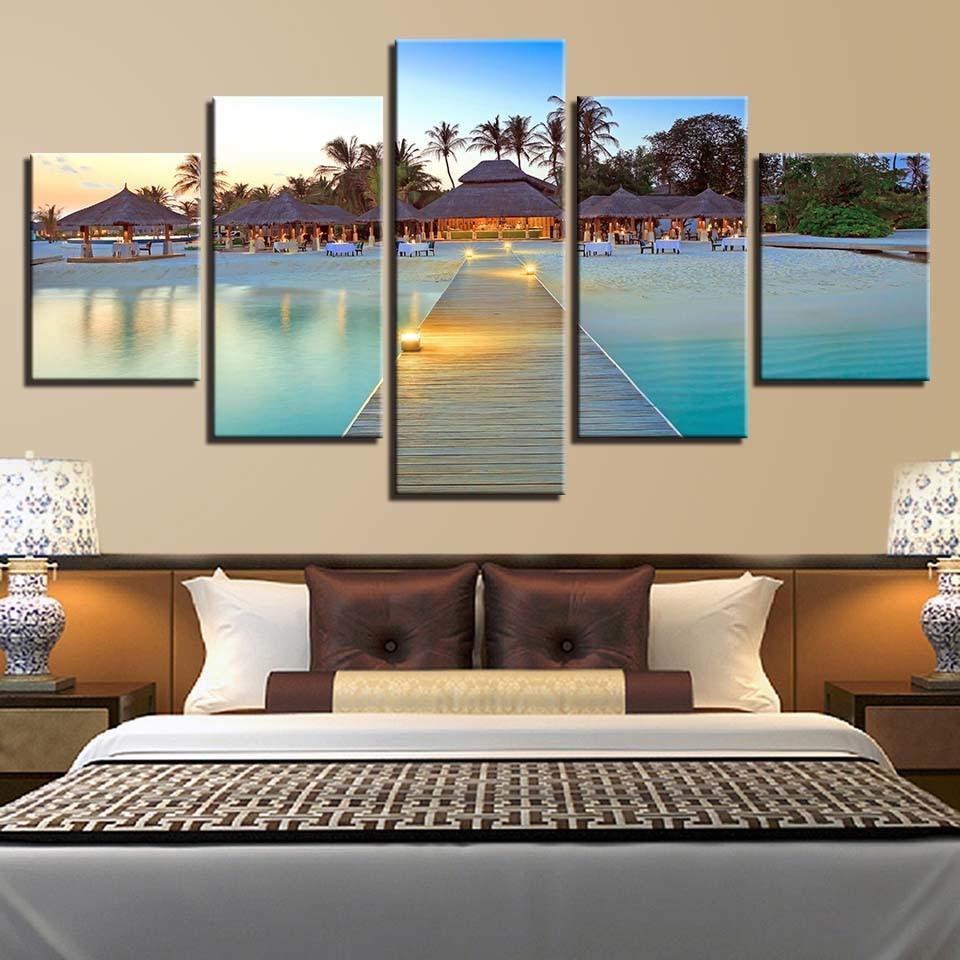 Maldives Resort 5 Piece HD Multi Panel Canvas Wall Art Frame-Original Frame