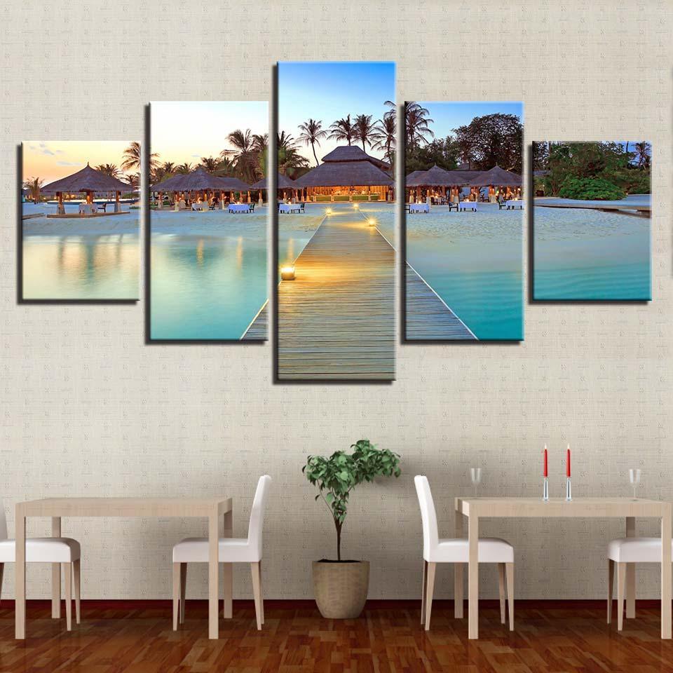 Maldives Resort 5 Piece HD Multi Panel Canvas Wall Art Frame-Original Frame