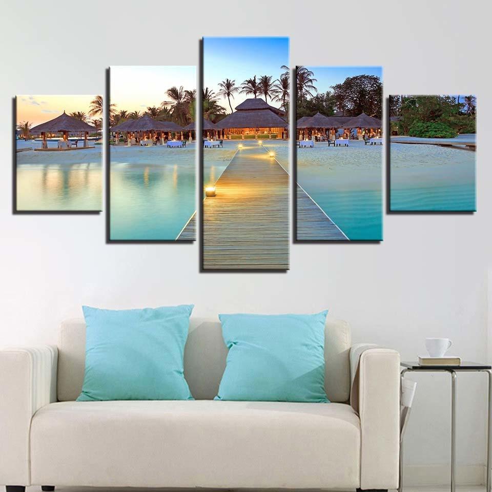 Maldives Resort 5 Piece HD Multi Panel Canvas Wall Art Frame-Original Frame