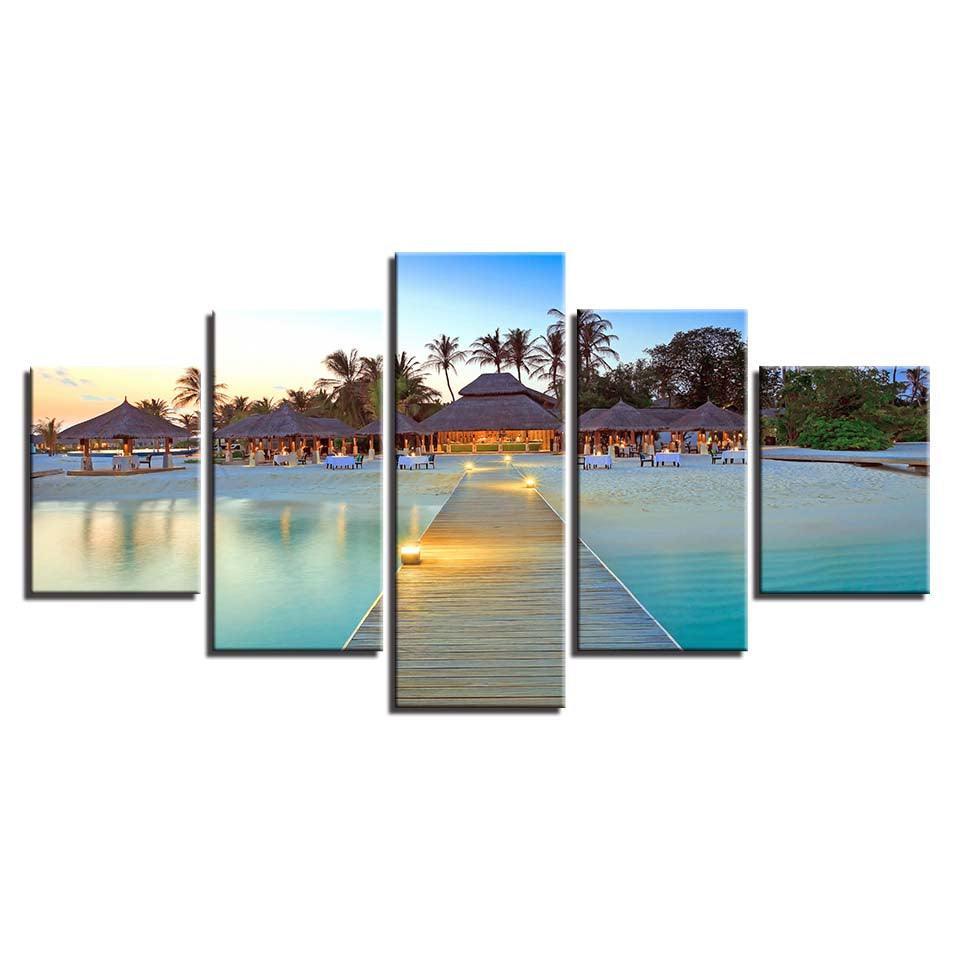 Maldives Resort 5 Piece HD Multi Panel Canvas Wall Art Frame-Original Frame