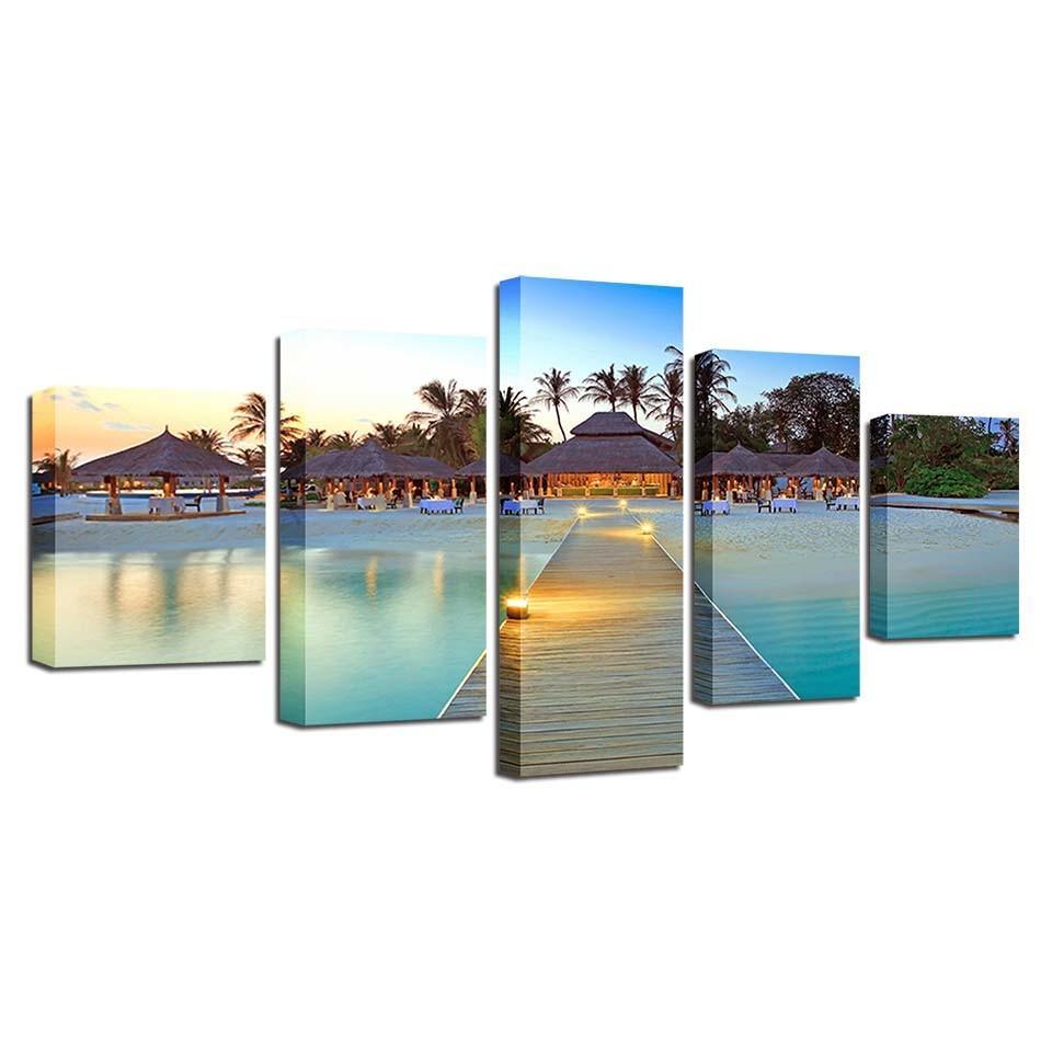 Maldives Resort 5 Piece HD Multi Panel Canvas Wall Art Frame-Original Frame
