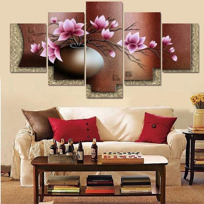 Vintage Flowers 5 Piece HD Multi Panel Canvas Wall Art Frame-Original Frame