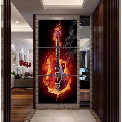 Flaming Electric Guitar 3 Piece HD Multi Panel Canvas Wall Art Frame-Original Frame