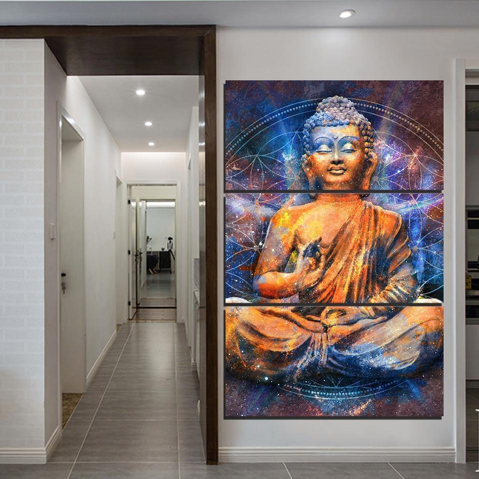 Meditating Buddha Colors 3 Piece HD Multi Panel Canvas Wall Art Frame-Original Frame