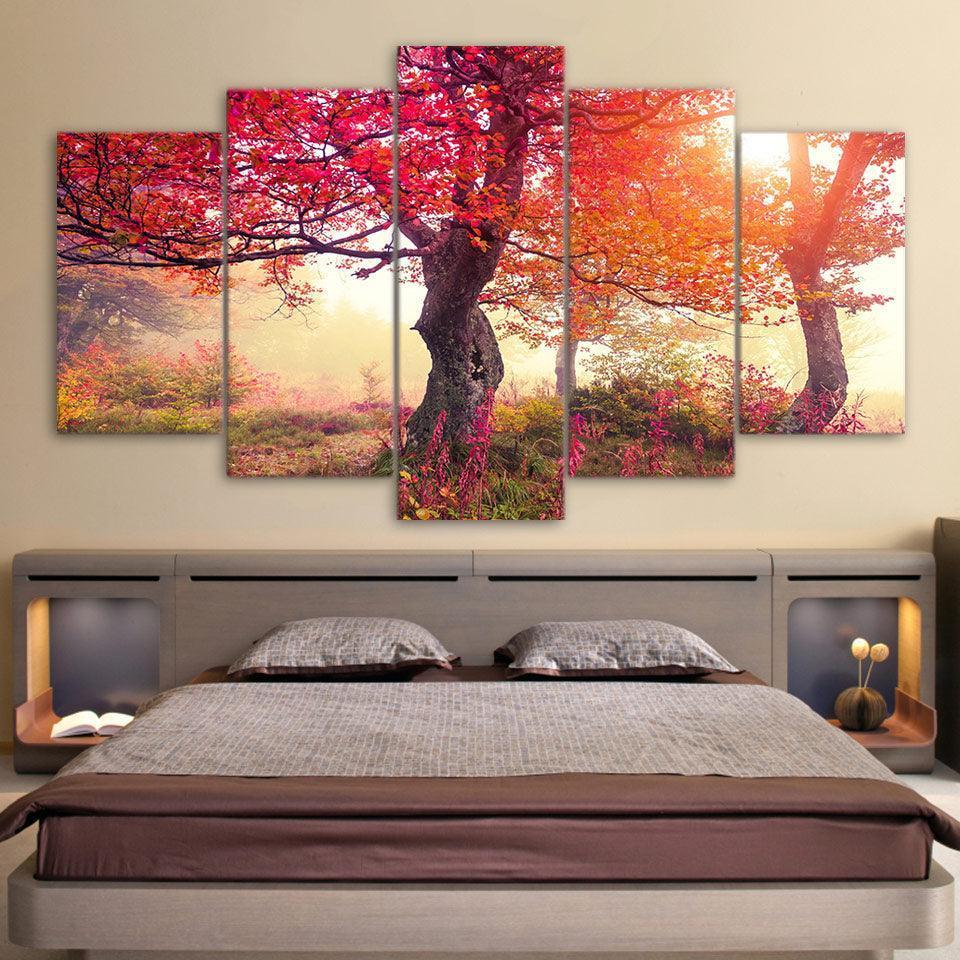 Red Tree Bloom 5 Piece HD Multi Panel Canvas Wall Art Frame-Original Frame