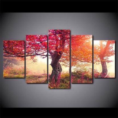 Red Tree Bloom 5 Piece HD Multi Panel Canvas Wall Art Frame-Original Frame