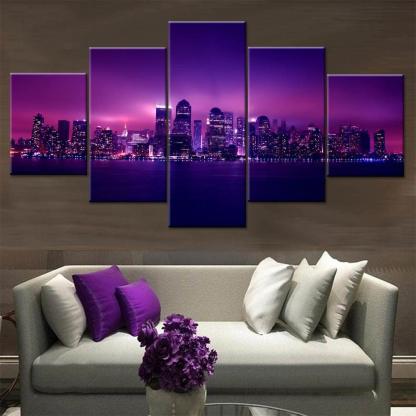 Purple Light City 5 Piece HD Multi Panel Canvas Wall Art-Original Frame