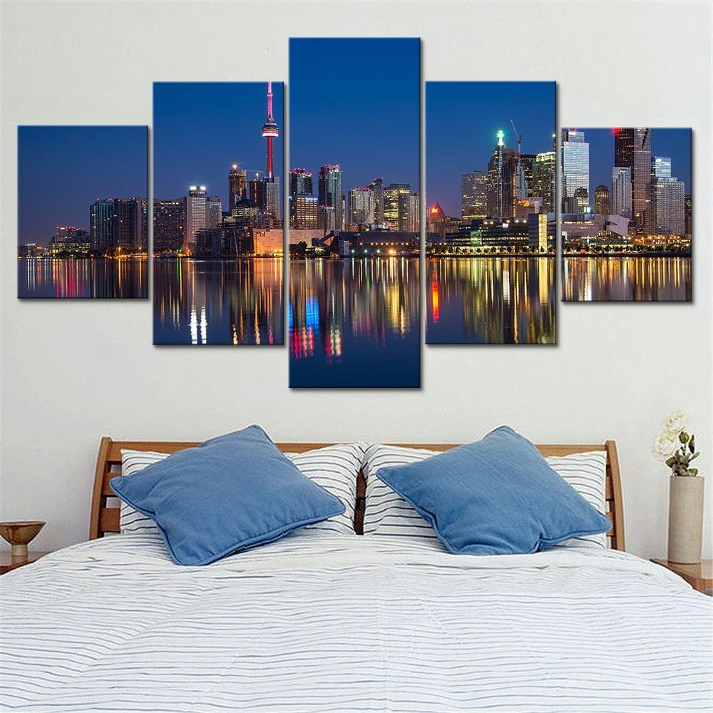 Modern Buildings at Night 5 Piece HD Multi Panel Canvas Wall Art Frame-Original Frame