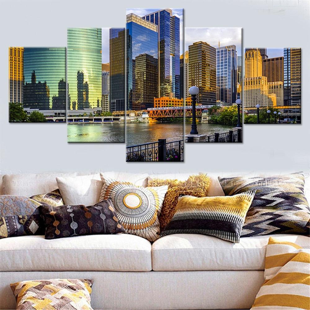 Modern Skyscrapers 5 Piece HD Multi Panel Canvas Wall Art Frame-Original Frame