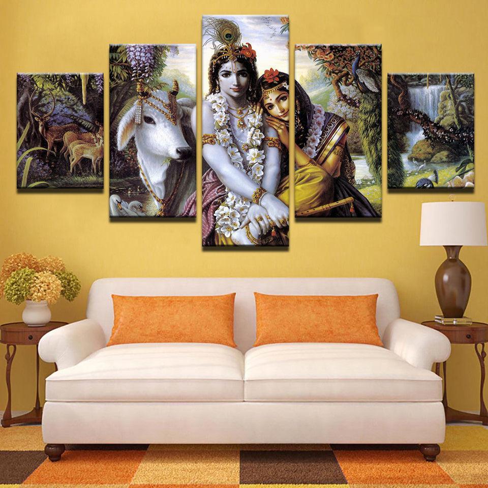 India Krishna Radha 5 Piece HD Multi Panel Canvas Wall Art Frame-Original Frame