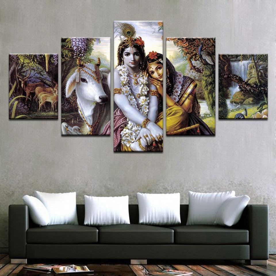 India Krishna Radha 5 Piece HD Multi Panel Canvas Wall Art Frame-Original Frame