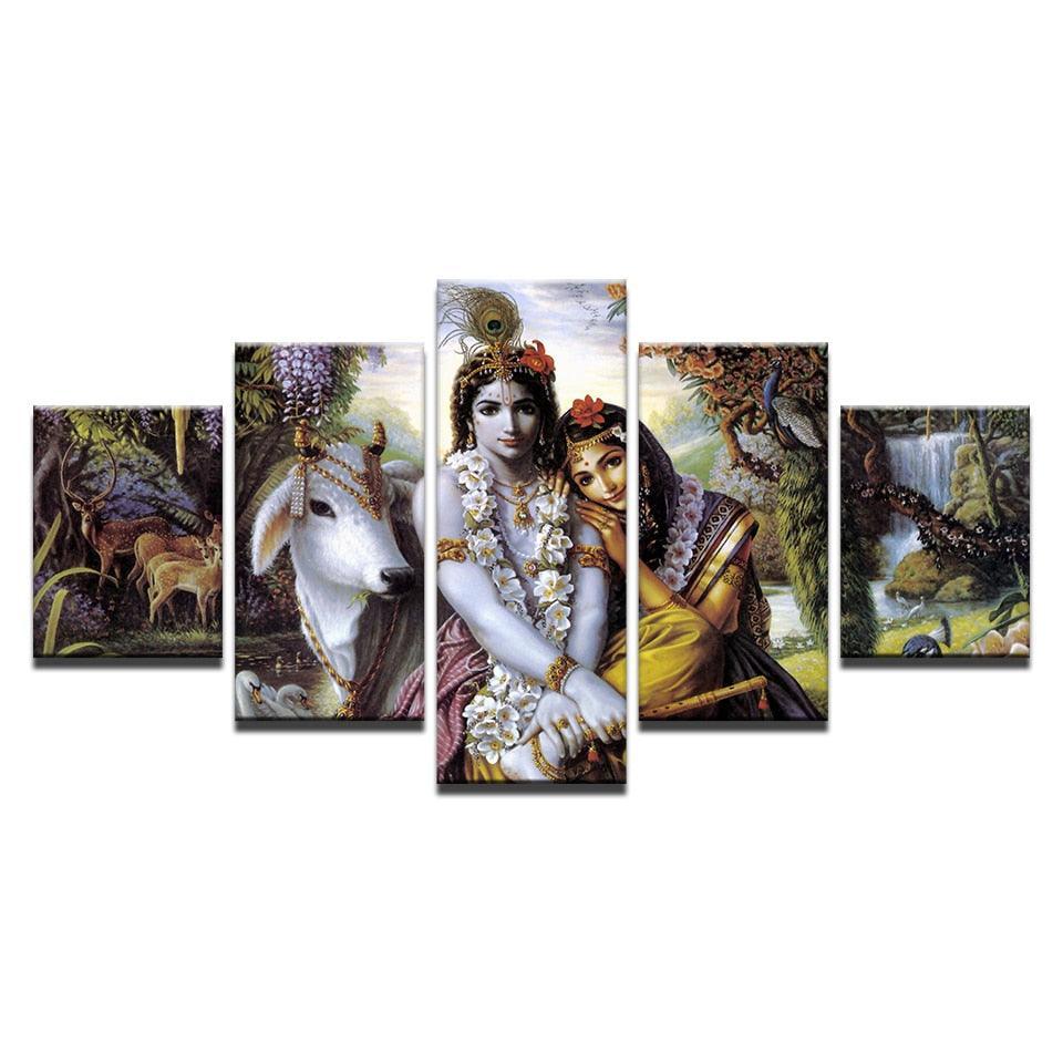 India Krishna Radha 5 Piece HD Multi Panel Canvas Wall Art Frame-Original Frame