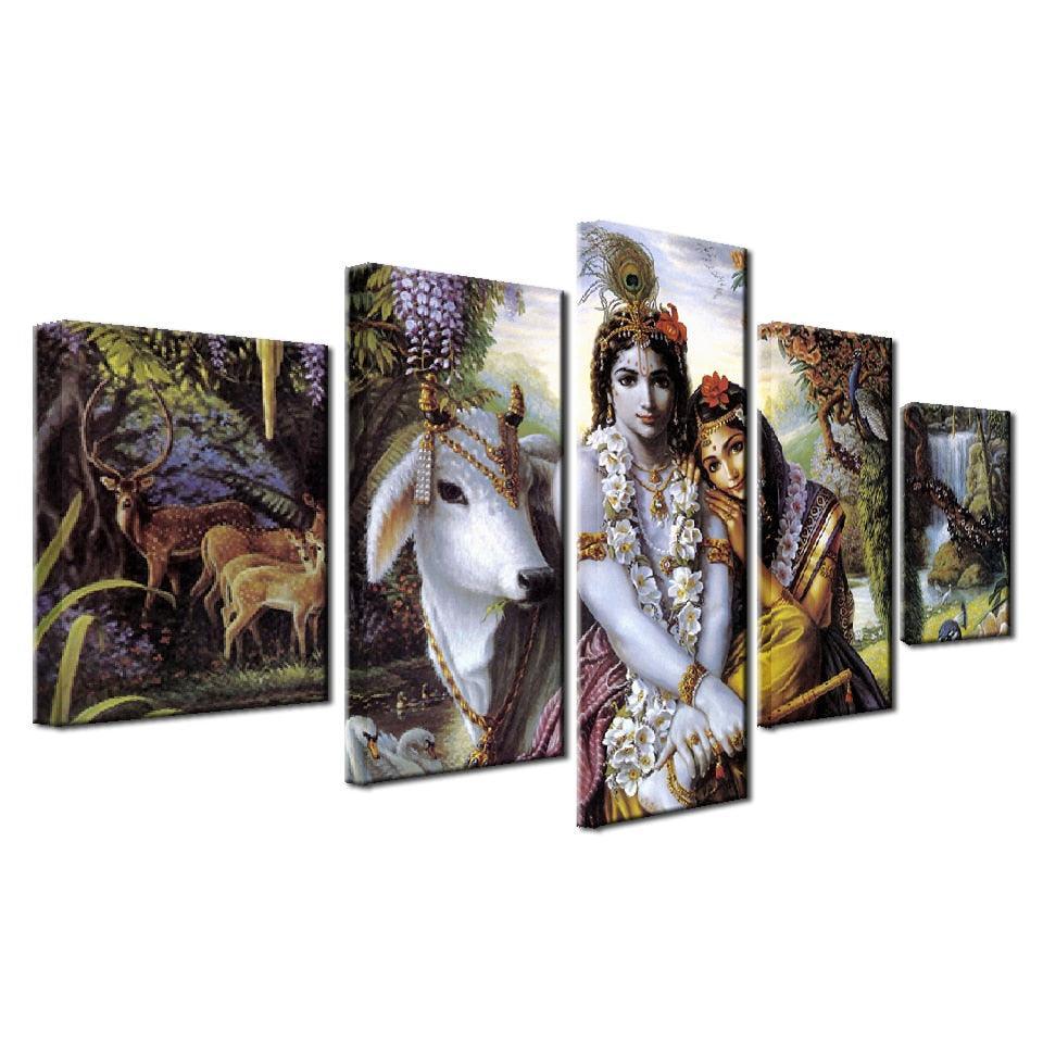 India Krishna Radha 5 Piece HD Multi Panel Canvas Wall Art Frame-Original Frame