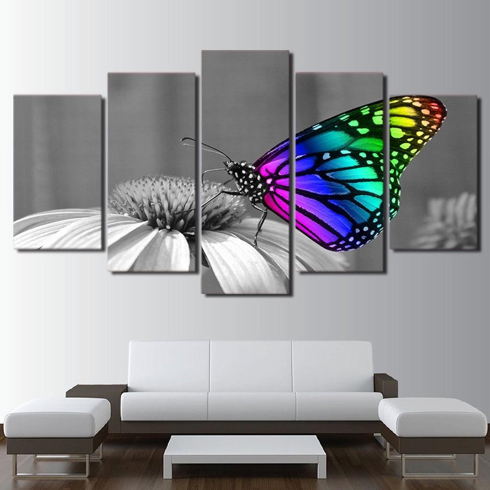 Butterfly Flowers 5 Piece HD Multi Panel Canvas Wall Art Frame-Original Frame