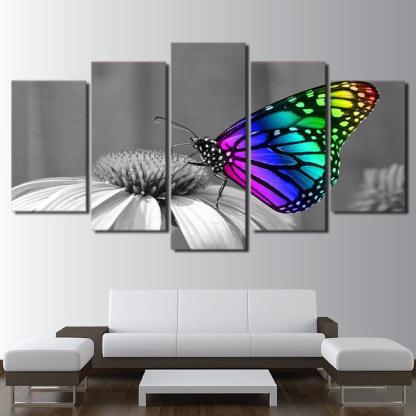 Butterfly Flowers 5 Piece HD Multi Panel Canvas Wall Art Frame-Original Frame