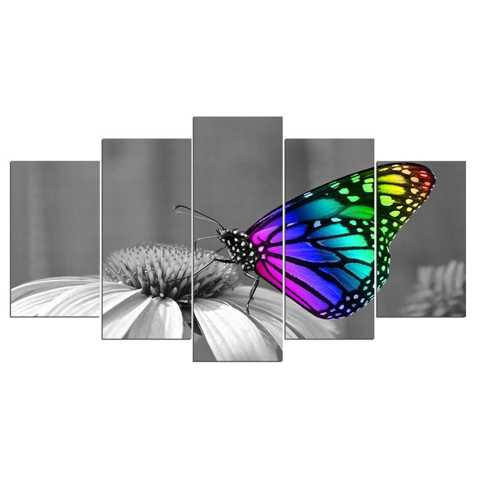 Butterfly Flowers 5 Piece HD Multi Panel Canvas Wall Art Frame-Original Frame