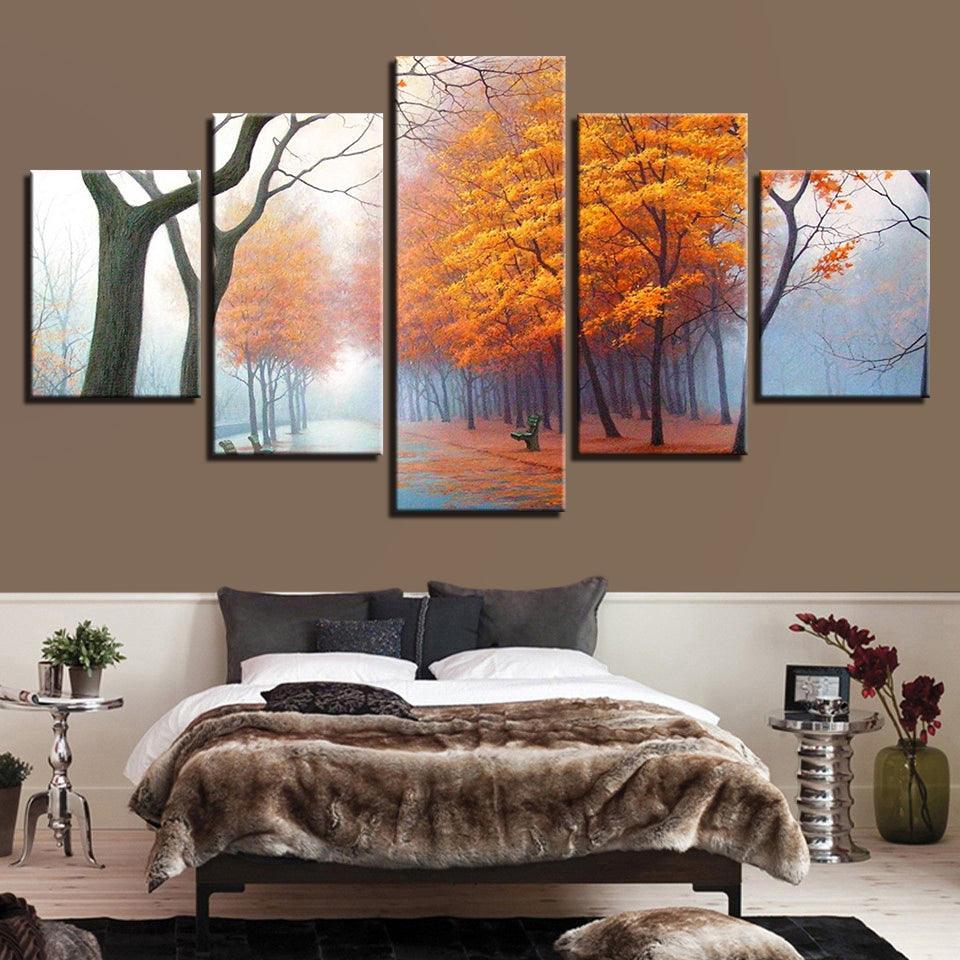 Misty Woods In Autumn Mornings 5 Piece HD Multi Panel Canvas Wall Art Frame-Original Frame
