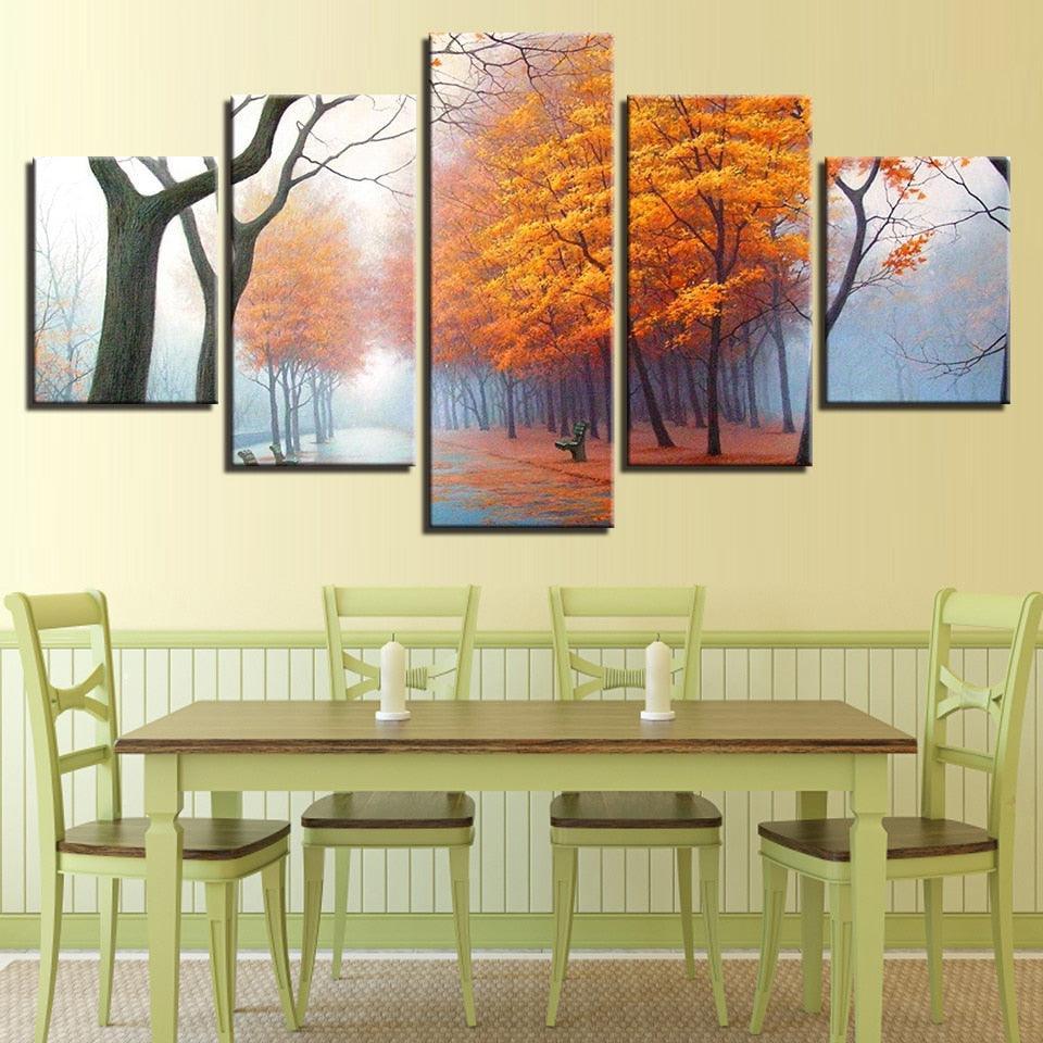 Misty Woods In Autumn Mornings 5 Piece HD Multi Panel Canvas Wall Art Frame-Original Frame