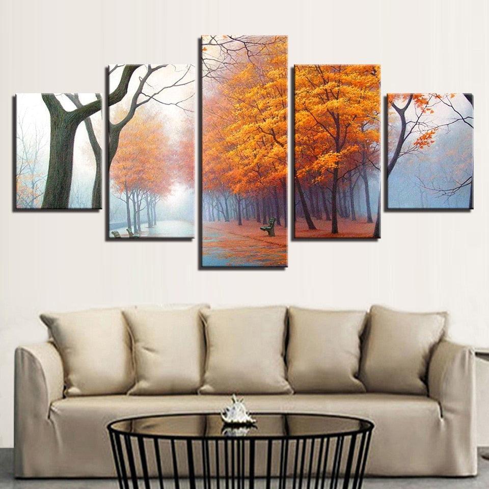Misty Woods In Autumn Mornings 5 Piece HD Multi Panel Canvas Wall Art Frame-Original Frame