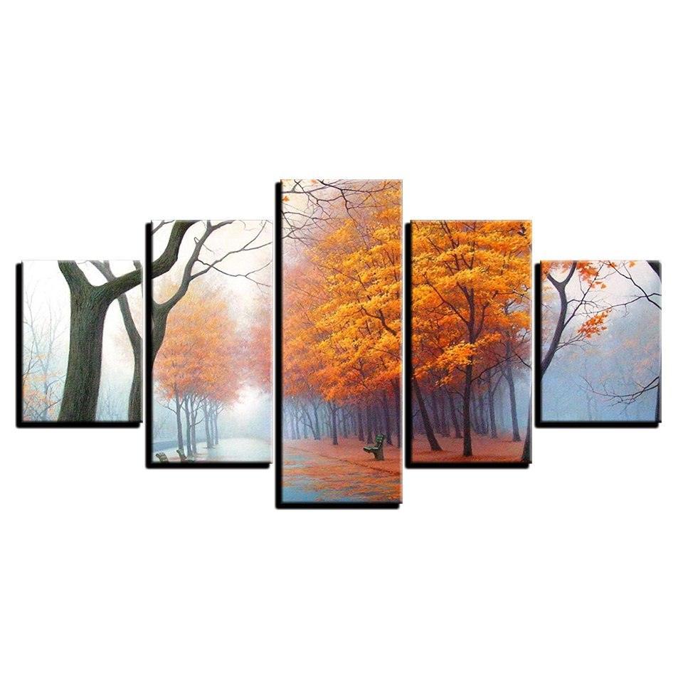 Misty Woods In Autumn Mornings 5 Piece HD Multi Panel Canvas Wall Art Frame-Original Frame