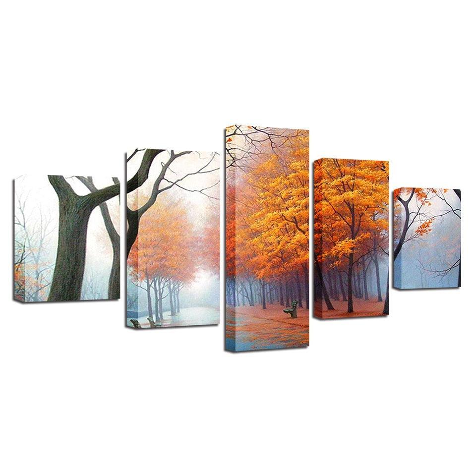 Misty Woods In Autumn Mornings 5 Piece HD Multi Panel Canvas Wall Art Frame-Original Frame