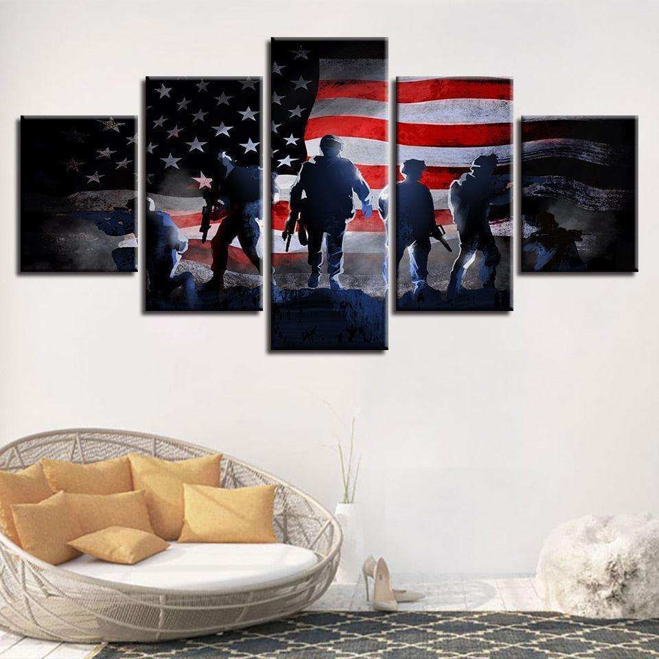 American Flag and Soldiers 5 Piece HD Multi Panel Canvas Wall Art Frame-Original Frame