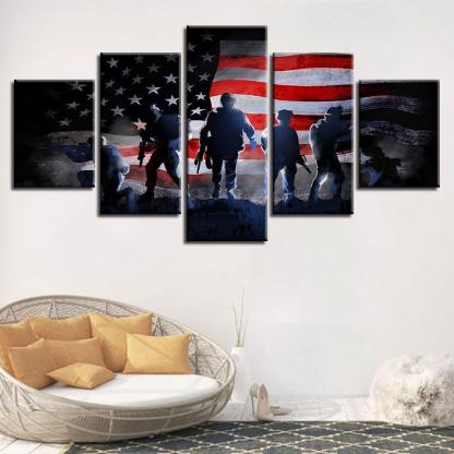 American Flag and Soldiers 5 Piece HD Multi Panel Canvas Wall Art Frame-Original Frame