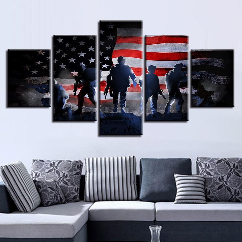 American Flag and Soldiers 5 Piece HD Multi Panel Canvas Wall Art Frame-Original Frame