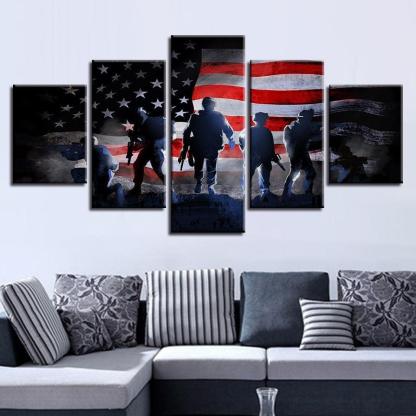 American Flag and Soldiers 5 Piece HD Multi Panel Canvas Wall Art Frame-Original Frame
