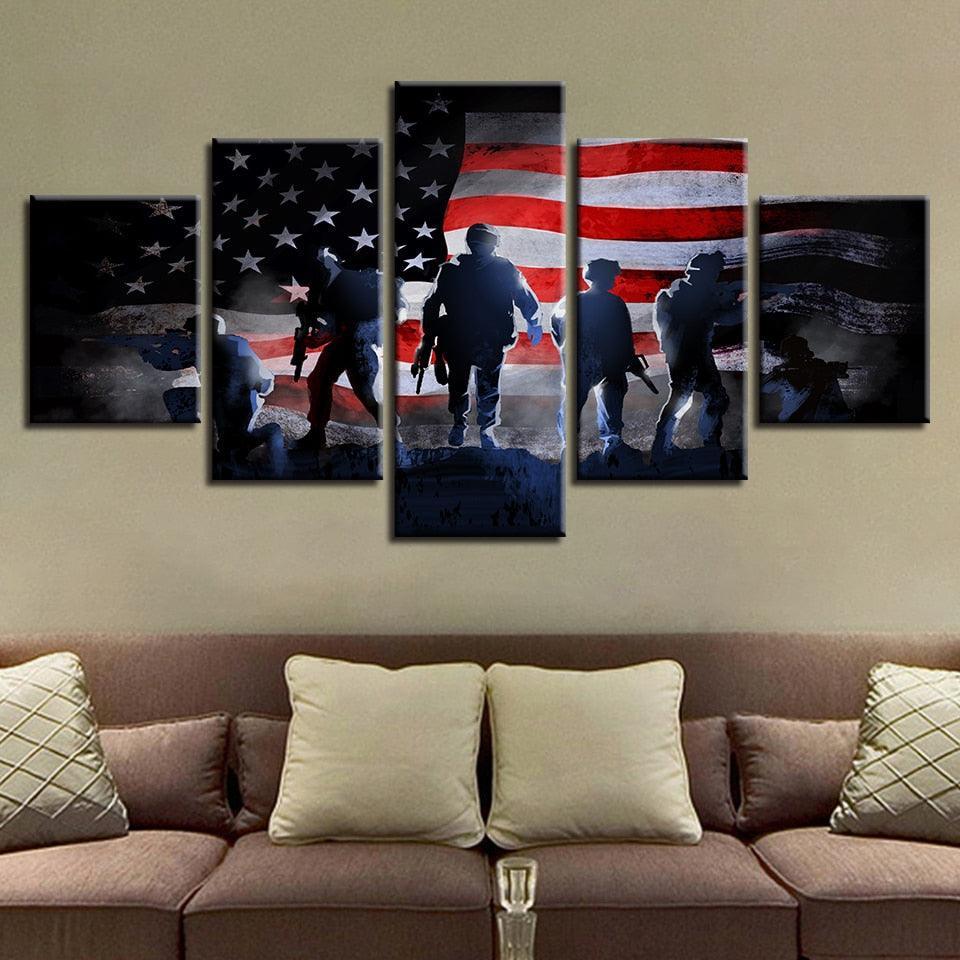American Flag and Soldiers 5 Piece HD Multi Panel Canvas Wall Art Frame-Original Frame
