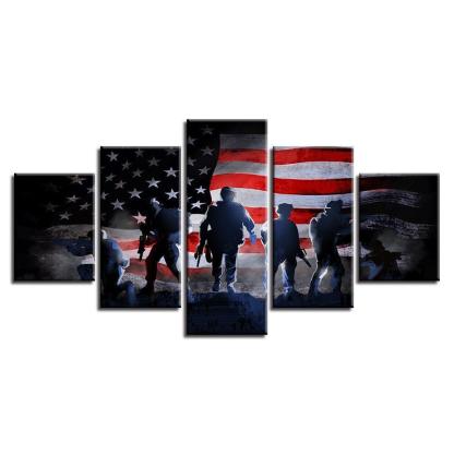 American Flag and Soldiers 5 Piece HD Multi Panel Canvas Wall Art Frame-Original Frame